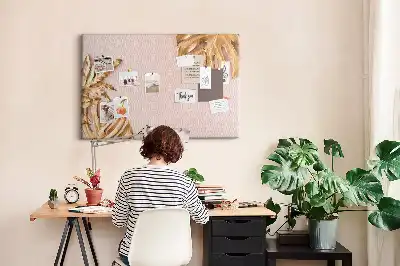 Cork Memo Board with Golden Tropical Leaves Print