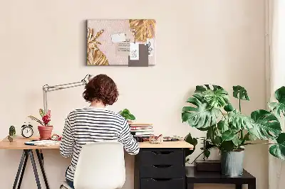 Cork Memo Board with Golden Tropical Leaves Print
