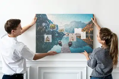 Printed Cork Board with Lake Boat Scene