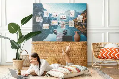 Printed Cork Board with Lake Boat Scene