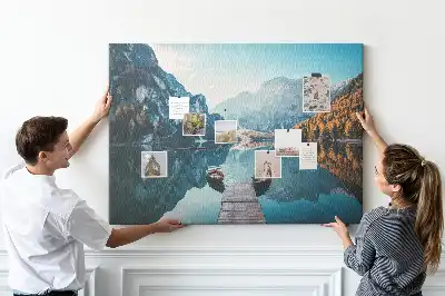 Printed Cork Board with Lake Boat Scene