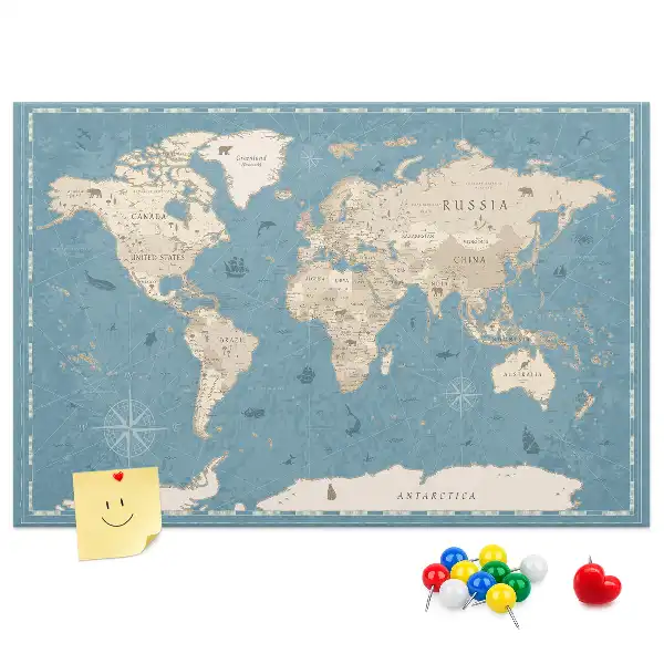 Vintage World Map Cork Memo Board