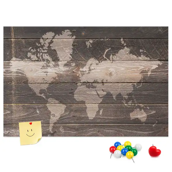 World map cork memo board on wood