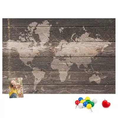 World map cork memo board on wood
