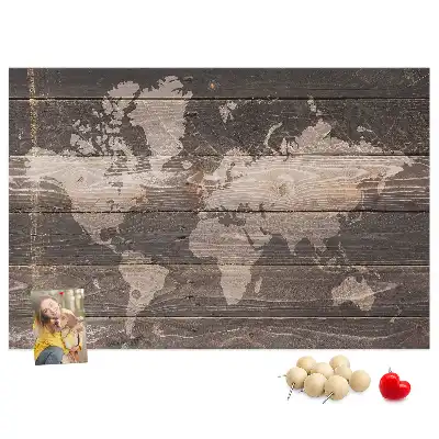 World map cork memo board on wood