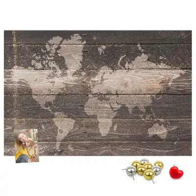 World map cork memo board on wood