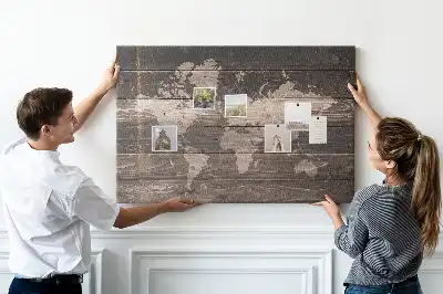 World map cork memo board on wood