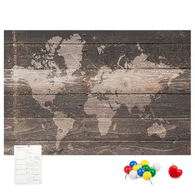 World map cork memo board on wood