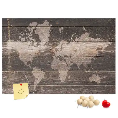 World map cork memo board on wood