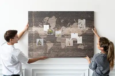 World map cork memo board on wood