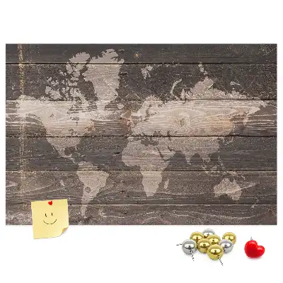 World map cork memo board on wood