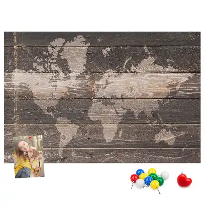 World map cork memo board on wood