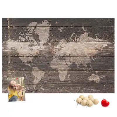 World map cork memo board on wood
