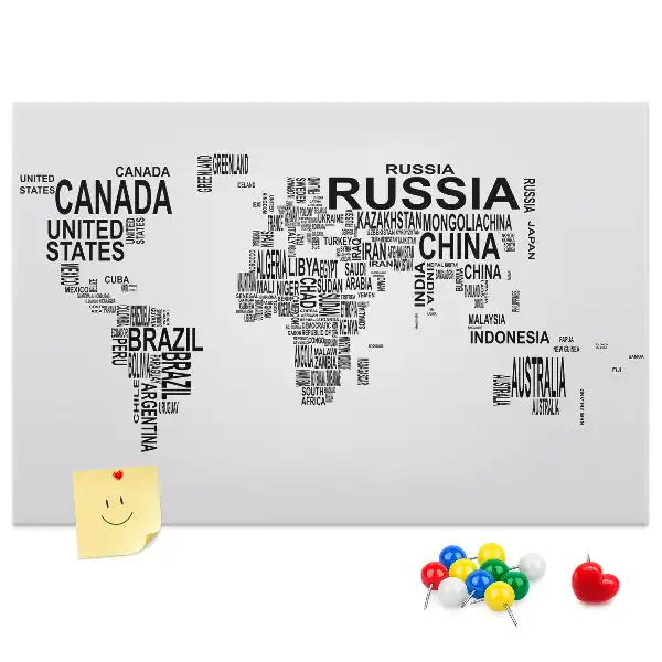 Printed Cork Memo Board with World Map Design Made of Letters