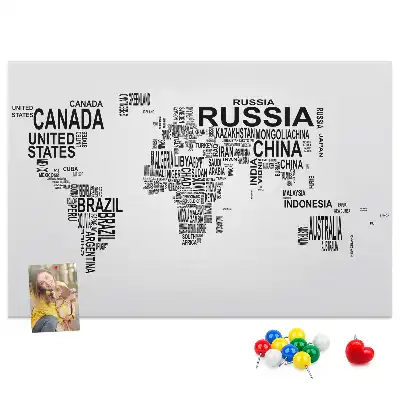 Printed Cork Memo Board with World Map Design Made of Letters