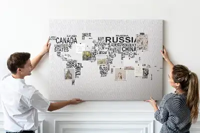 Printed Cork Memo Board with World Map Design Made of Letters