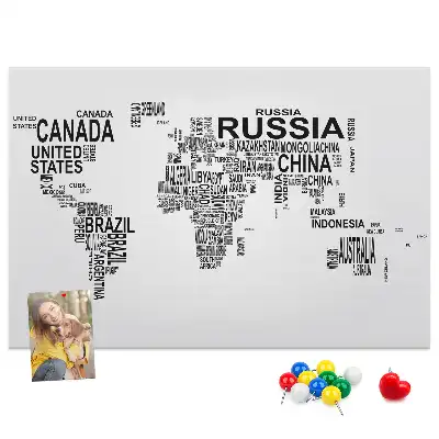 Printed Cork Memo Board with World Map Design Made of Letters