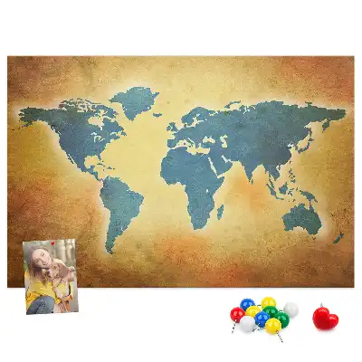 Cork memo board with an old world map design