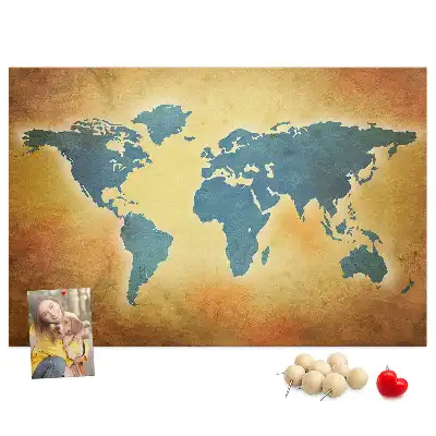 Cork memo board with an old world map design