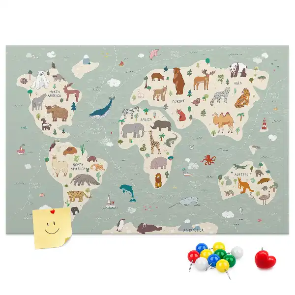 Cork memo board featuring an animal world map