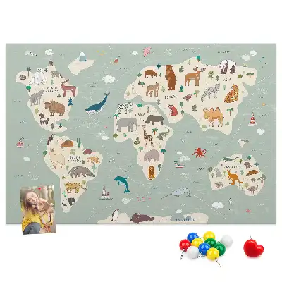 Cork memo board featuring an animal world map