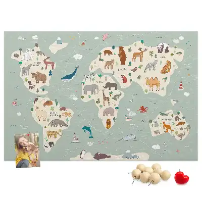 Cork memo board featuring an animal world map
