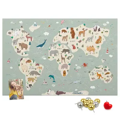 Cork memo board featuring an animal world map
