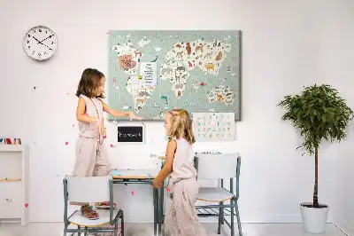 Cork memo board featuring an animal world map