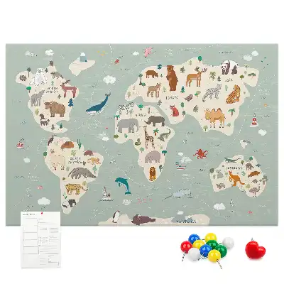 Cork memo board featuring an animal world map