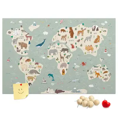 Cork memo board featuring an animal world map