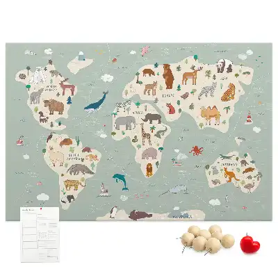 Cork memo board featuring an animal world map