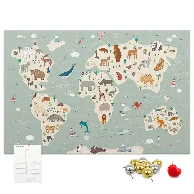 Cork memo board featuring an animal world map