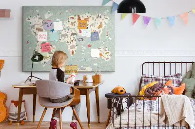 Cork memo board featuring an animal world map