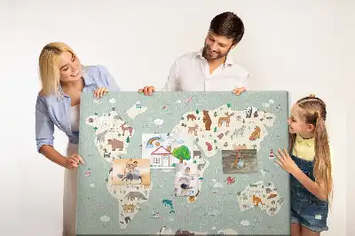 Cork memo board featuring an animal world map
