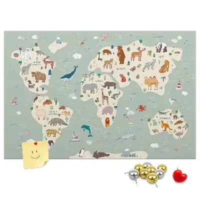 Cork memo board featuring an animal world map