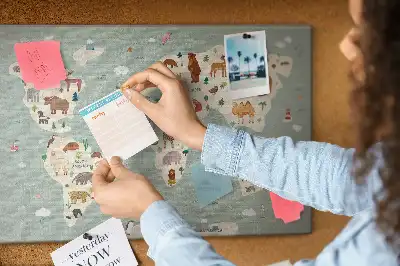 Cork memo board featuring an animal world map