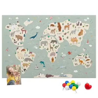 Cork memo board featuring an animal world map