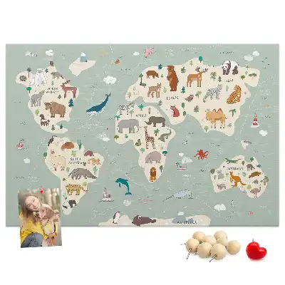 Cork memo board featuring an animal world map