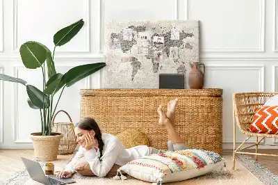 Cork memo board with newspaper world map print