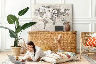 Cork memo board with newspaper world map print