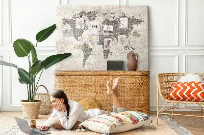Cork memo board with newspaper world map print