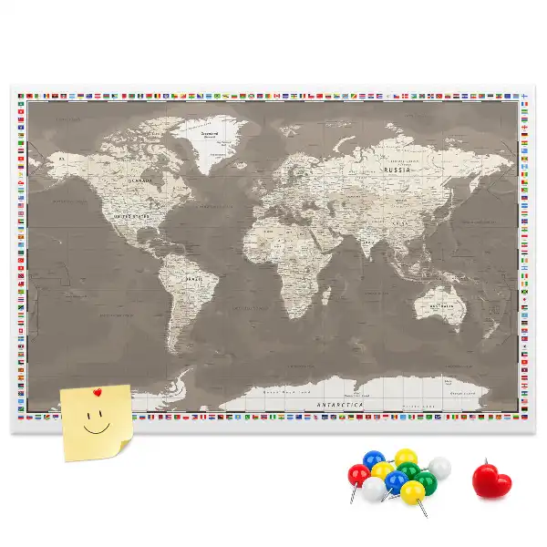 World Map Printed Cork Memo Board in Brown