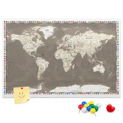 Printed Cork Memo Board Brown world map