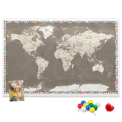 Printed Cork Memo Board Brown world map