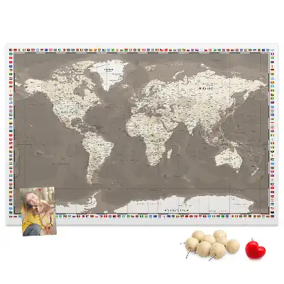 Printed Cork Memo Board Brown world map