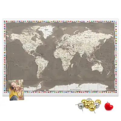 Printed Cork Memo Board Brown world map