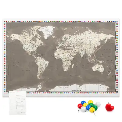 Printed Cork Memo Board Brown world map
