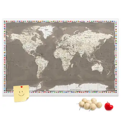Printed Cork Memo Board Brown world map