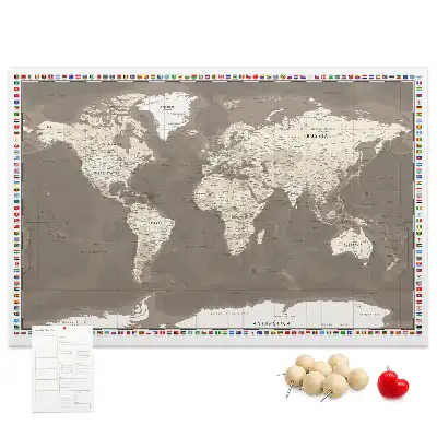 Printed Cork Memo Board Brown world map