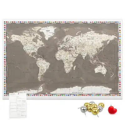 Printed Cork Memo Board Brown world map